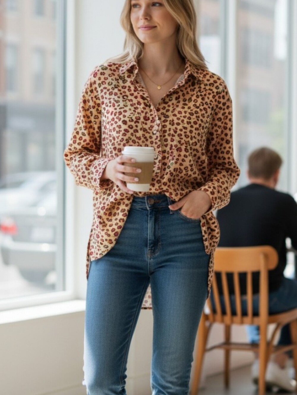 Bluesteel Leopard Print Button-Down Shirt - Beige with Multicolor Spots